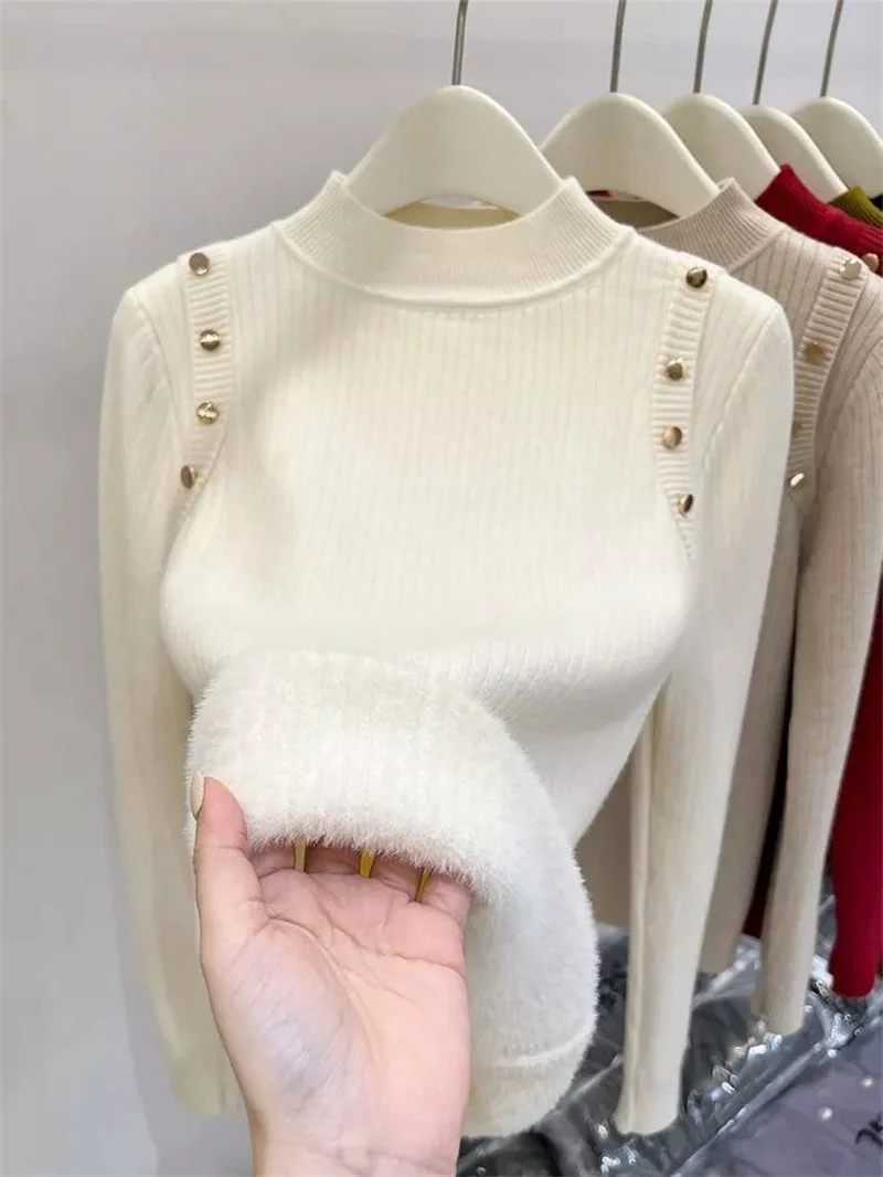 Senior Sense Integrated Velvet Plus Velvet Thickened Half Turtleneck Sweater New Women Winter Foreign Style Warm Top Base Shirt