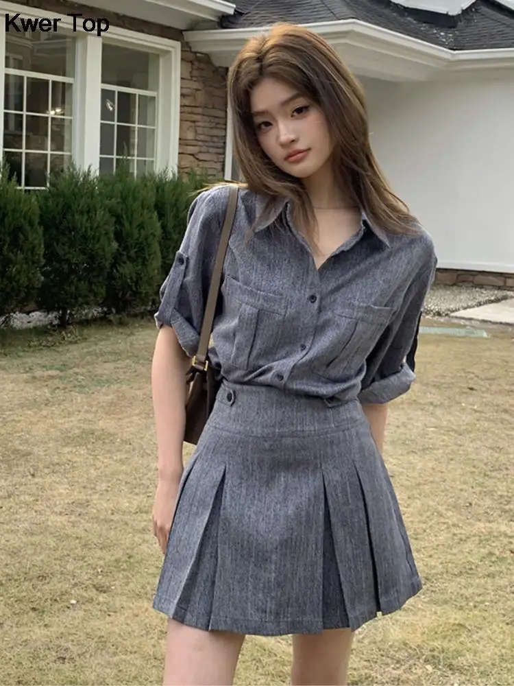 

Women Fashion Solid Pleated 2 Piece Suit Korean Casual Single-Breasted Shirt A-Line Mini Skirt Set Female Summer Outfits Clothes