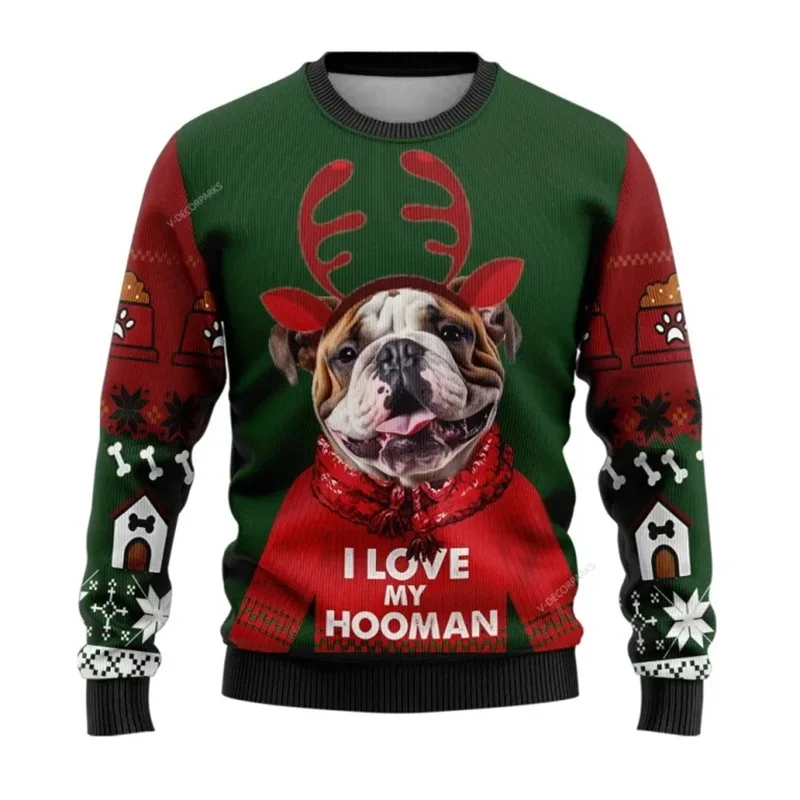 3D Print Bulldog Graphic Ugly Christmas Sweater For Men Animal Dog Xmas Sweatshirts Casual Women Pullovers Loose Tracksuit