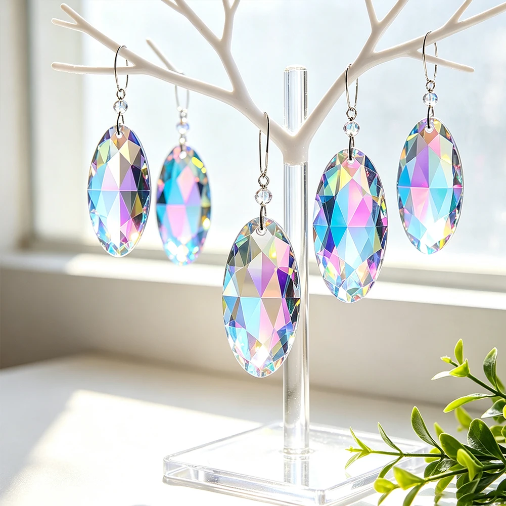 2pcs 90mm 3D Diamond Suncatcher Crystal Prisms Hanging Oval Glass Pendant Light Catcher Rainbow Feng Shui Decor Meditation Space