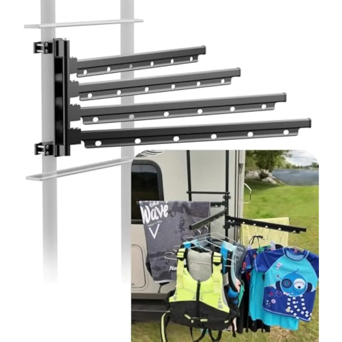 Aluminum RV Ladder Drying Rack with 180-Degree Swivel Arms • 24 Individual Hanging Points • Compact Foldable Design • Rust-Resis