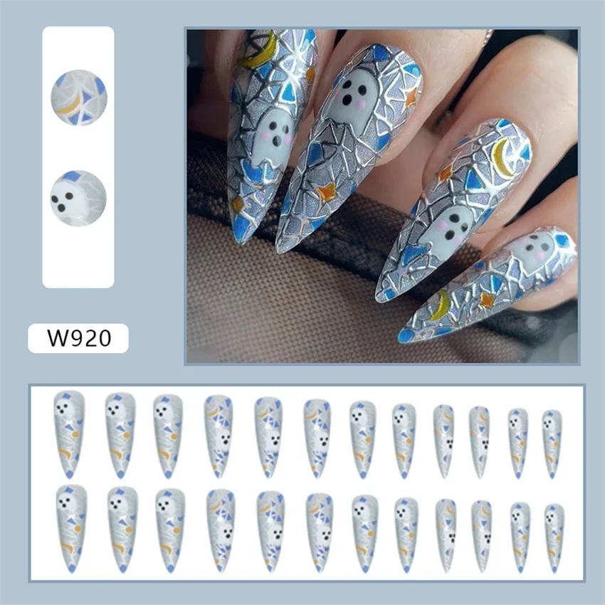 

24Pcs/Set Long Pointed Wearing False Nails European Fashion Halloween Stick Press on Nail Art Full Coverage Removable Fake Nails