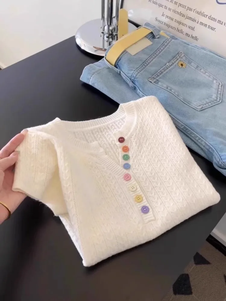 

Korean Style Soft Button Short Sleeve Knitted T-Shirt Women's Spring Summer Design Sensation Youthful Loose Fit Top