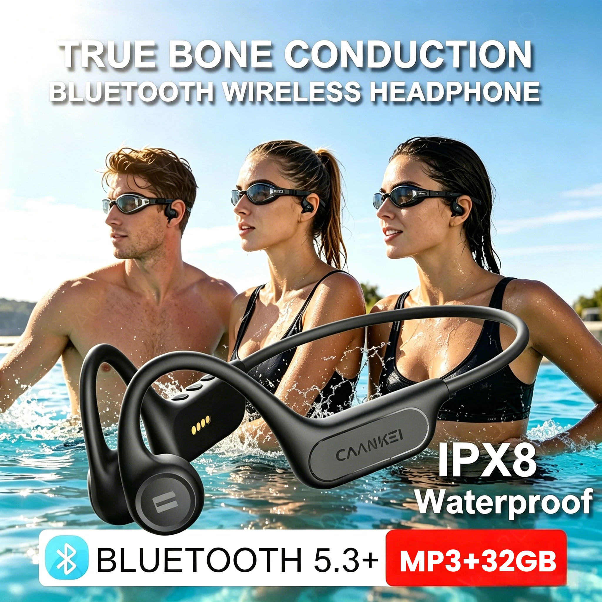 

IPX8 Waterproof Open-Ear Bone Conduction Headphones, 32GB Built-in MP3 Player Secure Fit Headset for Swimming Running Sports