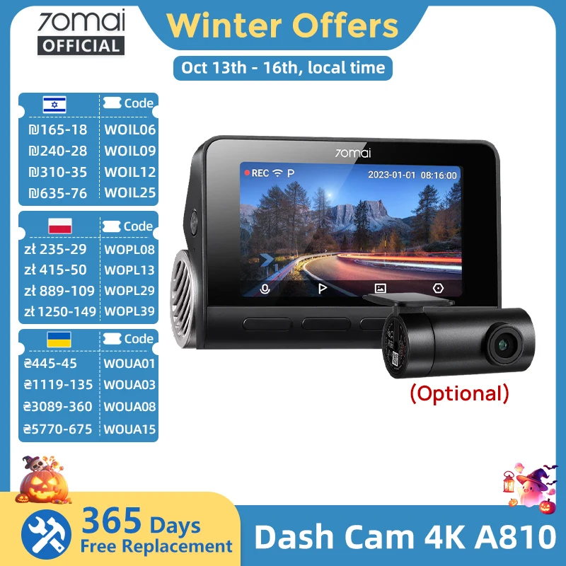70mai 4K Dashcam A810 Ultra HD Weitwinkelansicht Eingebautes GPS ADAS 24h Parküberwachung Unterstützt 4G LTE Fernsteuerung