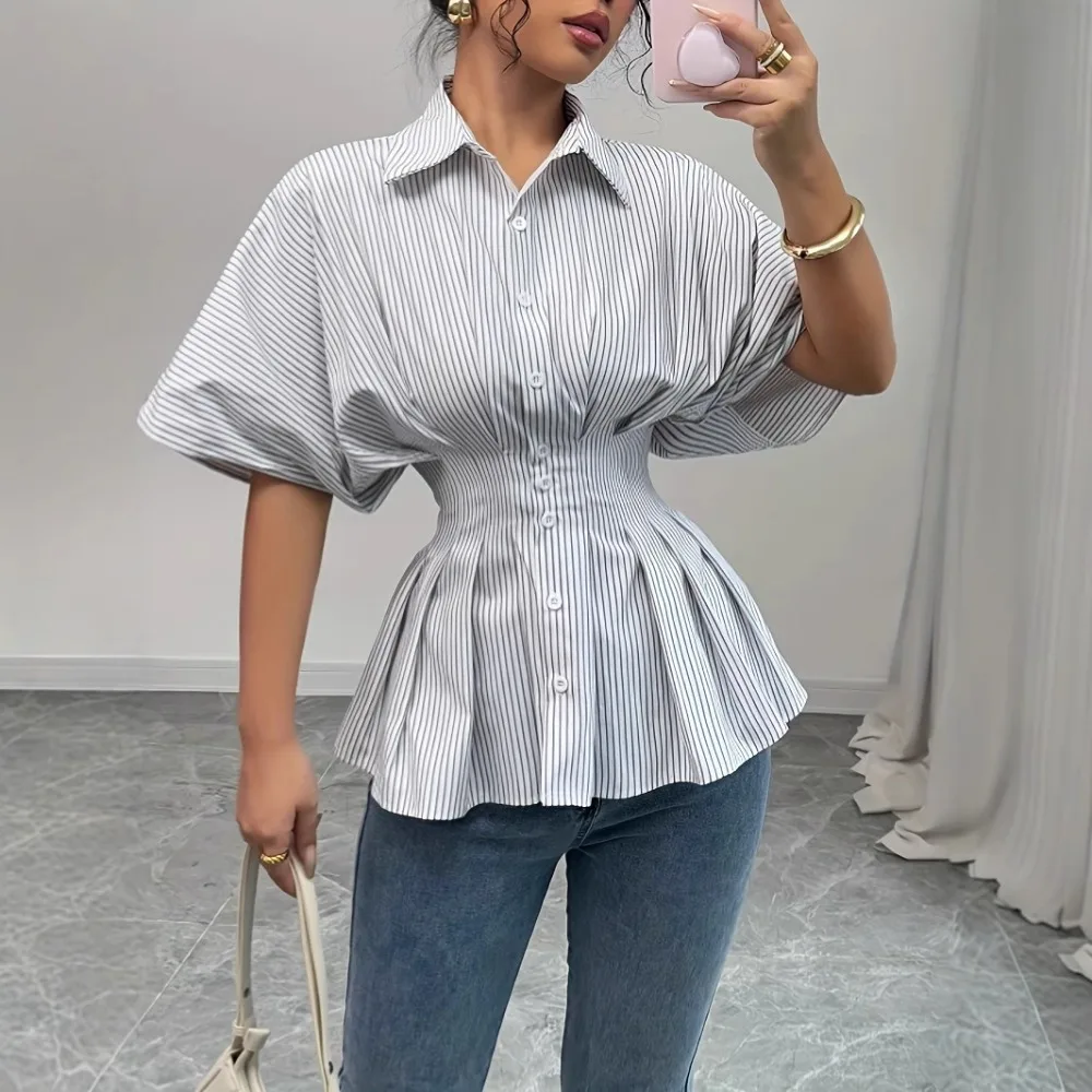 

Women Summer Striped Batwing A-Line Slim Pleated Lapel Short Sleeve Single Breasted Shirt Office Lady Commuting Tops T Tees Y2K