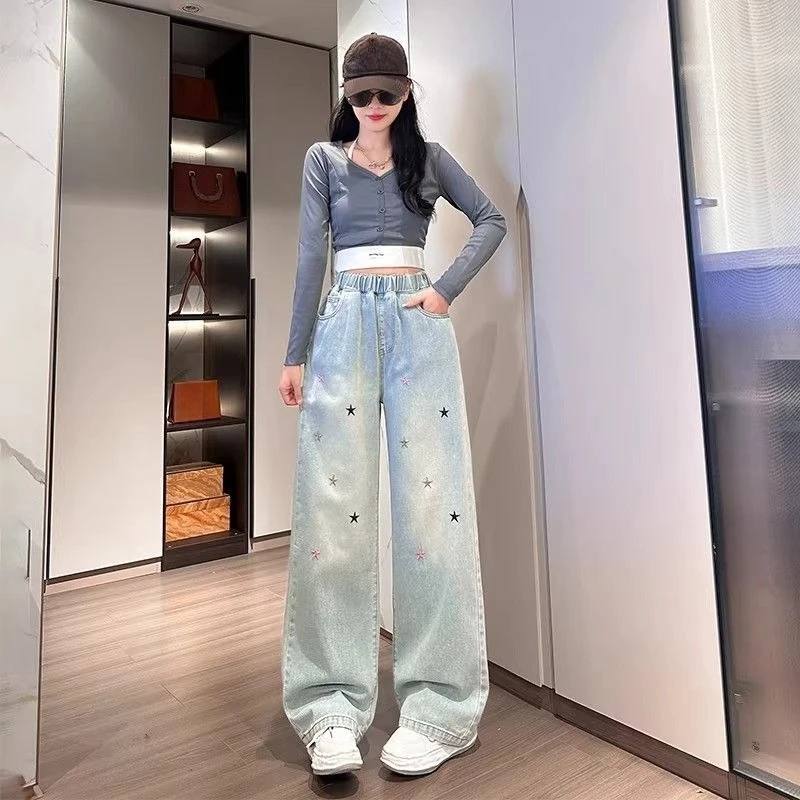 

Women's High Waist Elastic Waist Jeans 2026 New Loose Straight Wide Leg Denim Pants With Star Embroidery Streetwear