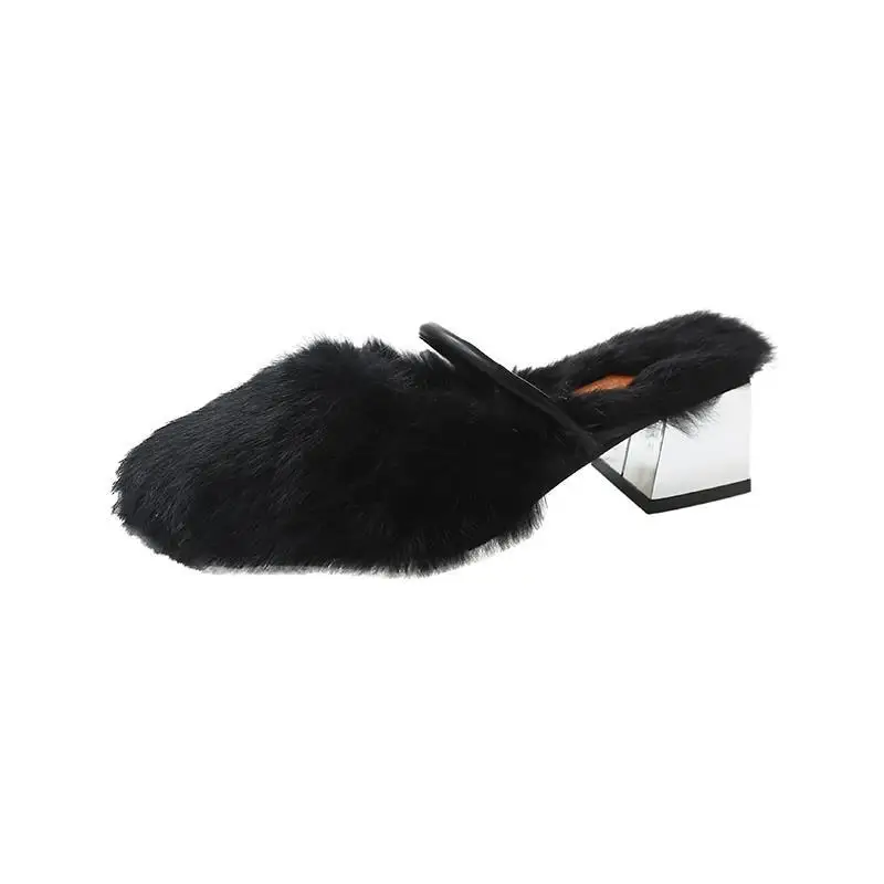 2023 New Fashion Fur Slippers Women Fluffy Plush Soft High Heel Sandals Winter Casual Outdoor Ladies Shoes Warm Cotton Slippers