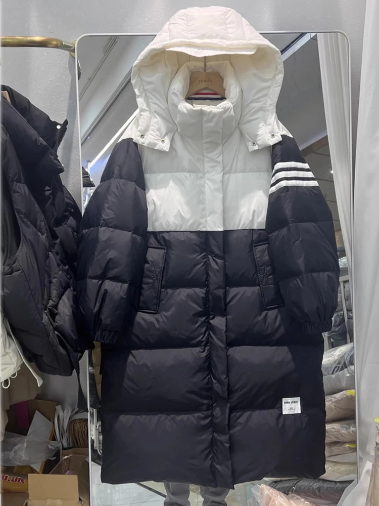 冬の新作フード付きダウンジャケット レディース ミディアム丈 膝丈 三段階厚手 ゆったり 多用途 ホワイトダックダウンジャケット