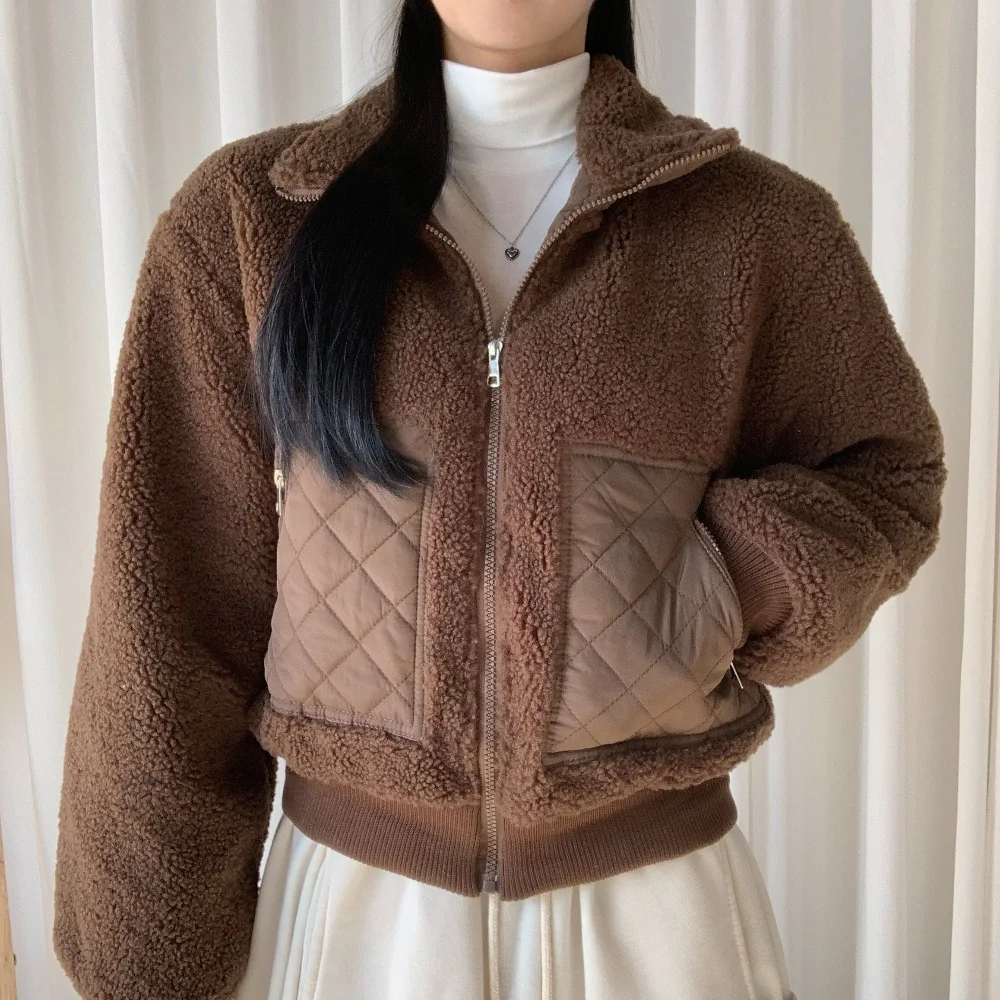 

Корейская теплая женская куртка-пальто на молнии с воротником из овечьей шерсти, свободного кроя, для повседневной носки, зимняя верхняя одежда в стиле casual