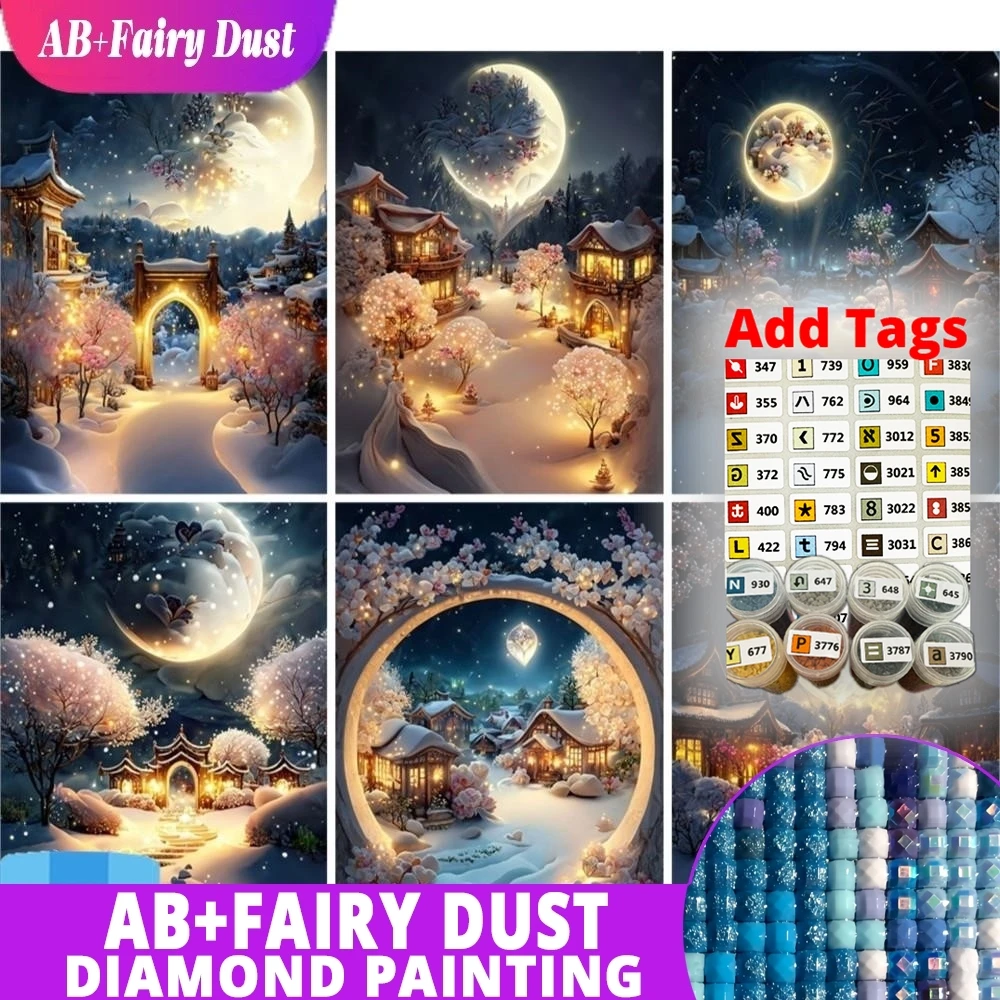 With Symbol Sticker AB Fairy Dust Landscape Diamond Painting Cartoon Winter Moonlight Hut Mosaic Embroidery 5D DIY New Arrival S