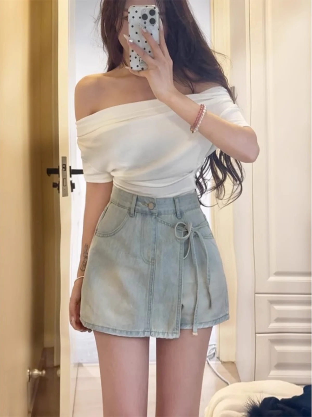 

Retro Washed Denim Skirt Women's Summer High Waist Waist-Cinching Wrap around Short Skirt Pants Other Material 100%