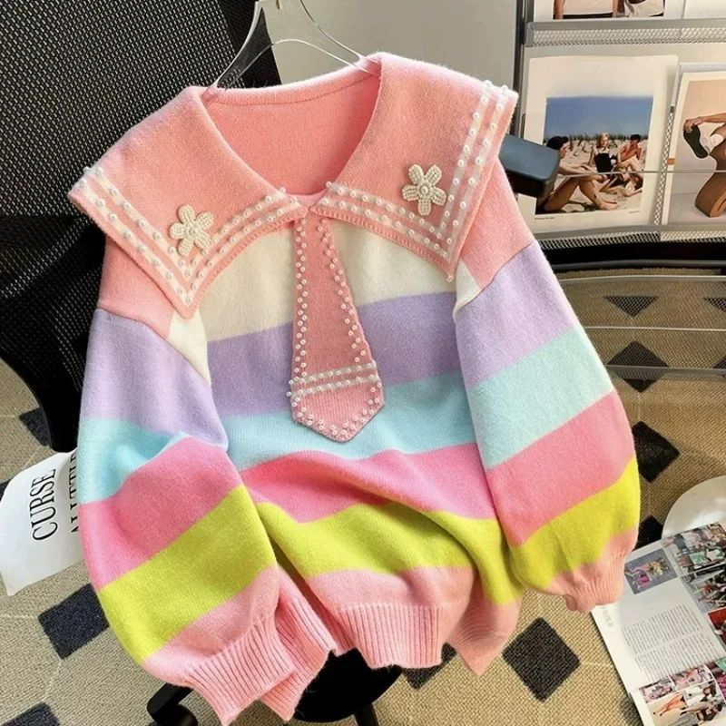 

Sailor Collar Heavy Beading High Street Sweater Y2k Autumn Winter Sweet Kawaii Pull Femme Contrast Color Stripe Knit Jumpers