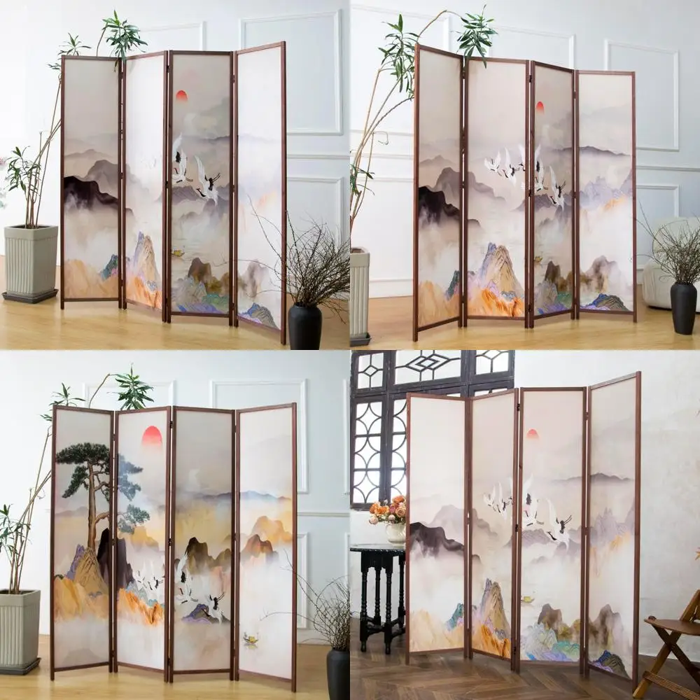 Folding Double-Sided Room Divider Screen with Colorful Landscape Design, 67 High x 63 Wide