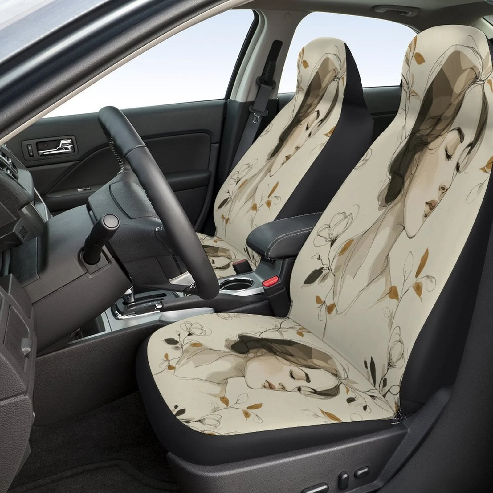 Floral Portrait Designed Car Seat Covers Set For Most Cars, Trendy Breathable Decorative Car Seat Protector Covers Full Set, Ca