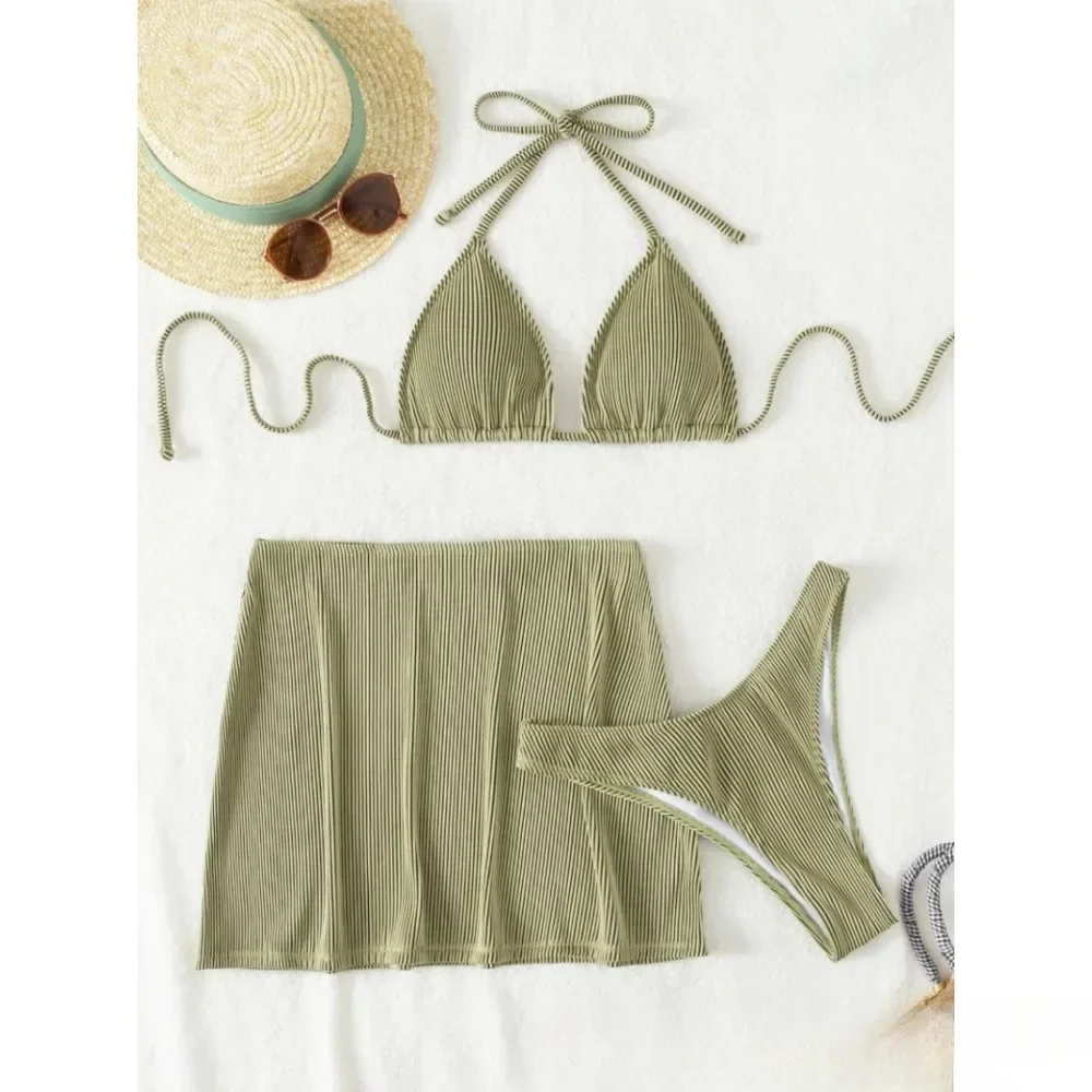 With Skirt Ribbed Halter Bikini Female Swimsuit Women Swimwear Three-pieces Bikini Set Bather Bathing Suit Swim