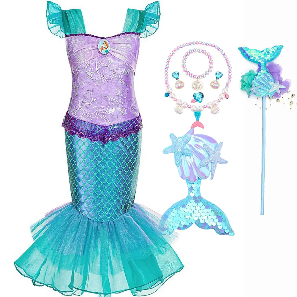 2024 Disney Little Mermaid Costume Halloween Kid Dress For Girls Children Carnival Birthday Party Clothes Cosplay Mermaid Dress