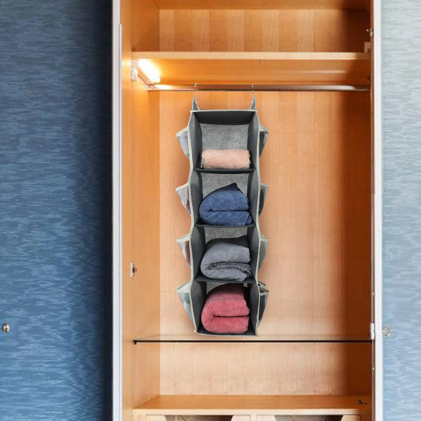 

Hanging Closet Organizer Bag Multi Layer Storage Shelf Non-Woven Breathable Clothes Organizer Side Pockets Space-Saving