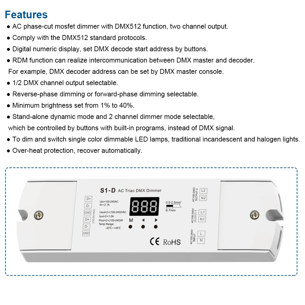 AC100V - 240V 240W 2-kanałowy 2-kanałowy ściemniacz LED Triac DMX, dwukanałowy wyjście Silikonowy kontroler LED DMX512 Wyświetlacz cyfrowy S1-D