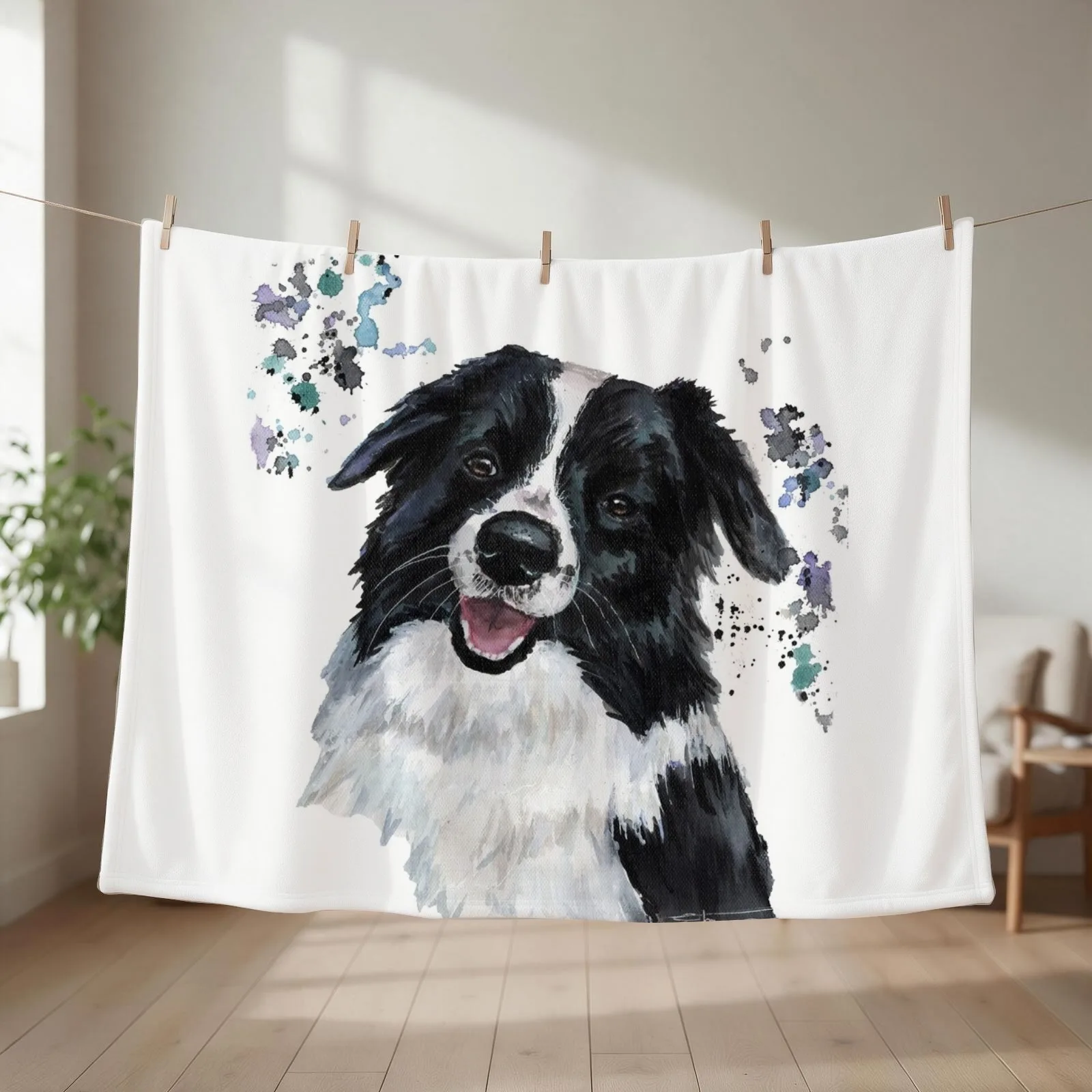 Watercolour Border Collie Throw Blanket couch cozy soft plush fuzzy picnic outdoor blanket