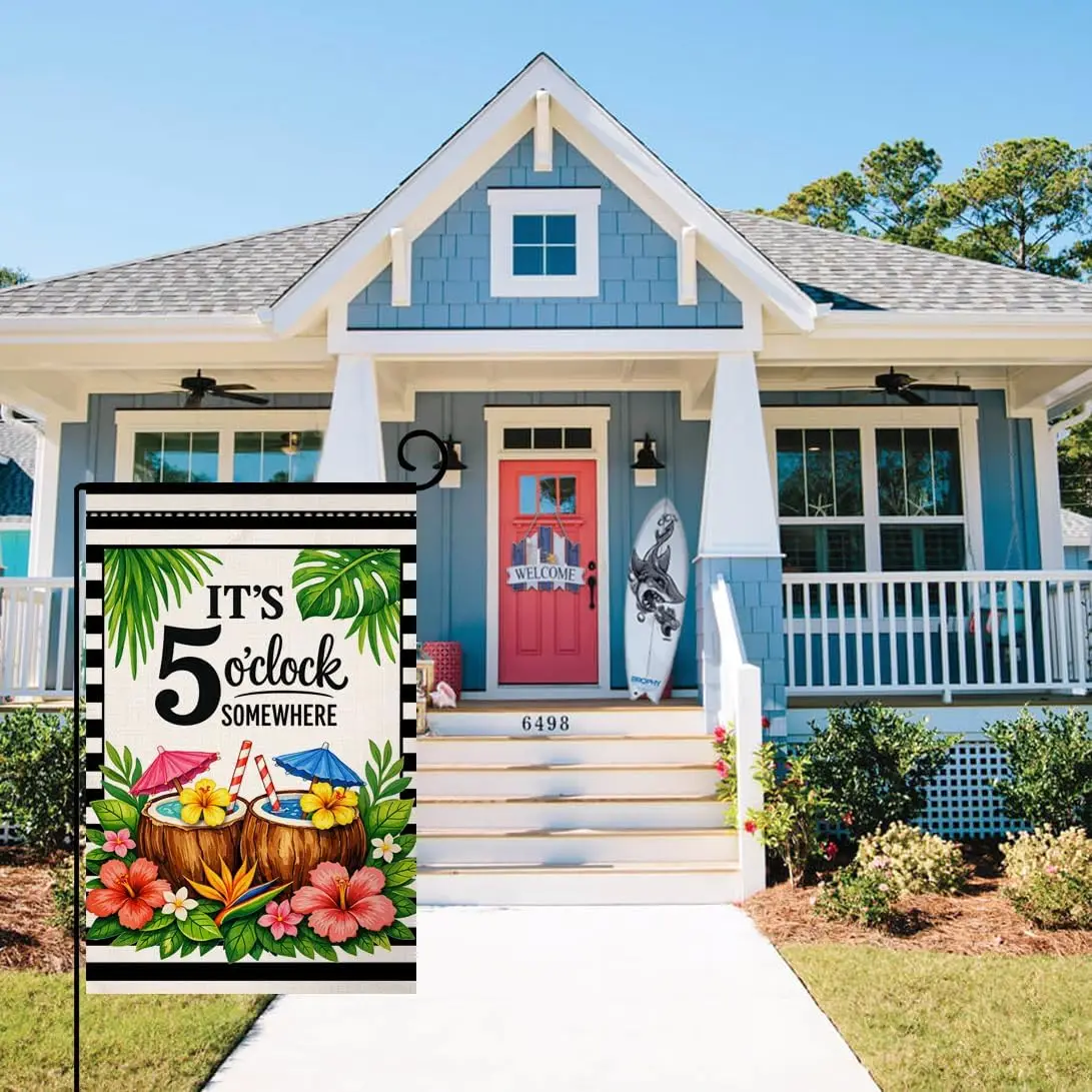 BLKWHT Summer Beach Coconut Garden Flag 12x18 Vertical Double Sided It's 5 O'Clock Somewhere Seasonal Holiday Outsid IIC