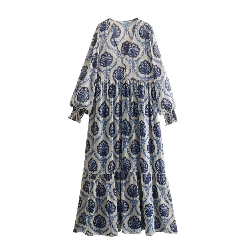 

Women's Dress Long Sleeved V-neck Metallic Line Geometric Print Fashionable Temperament Spring Autumn New Style