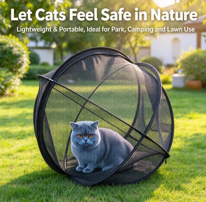 360 ° Parque de juegos plegable y redondo para gatos, con estructura de malla, de fácil montaje, transpirable, para uso en exteriores, tienda portátil para mascotas, ideal para acampar, parques y viajes.