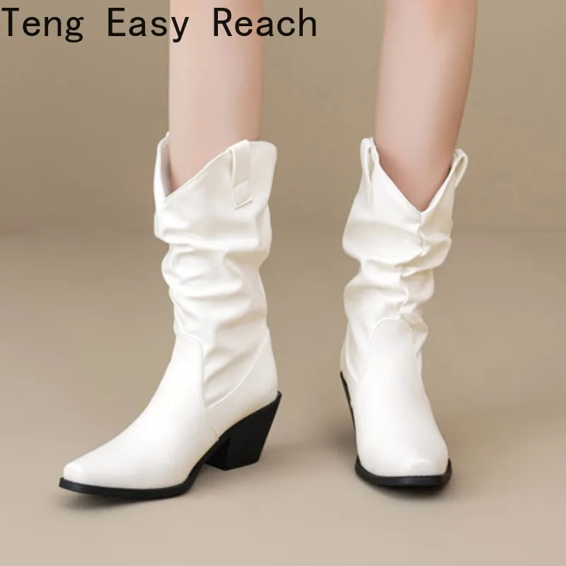 

2025 г., новые элегантные черно-белые женские ботинки до середины икры с напуском, женская обувь для вечеринок на квадратном высоком каблуке, большие размеры 35-46