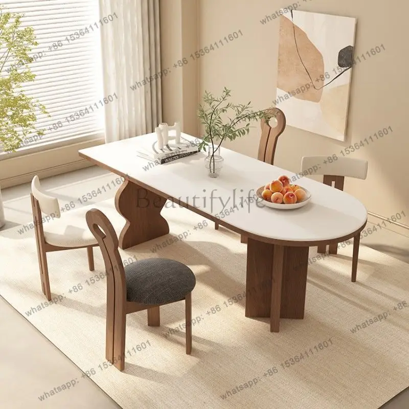 Nordic solid wood travertine rock slab dining table household French dining table oval medium ancient style