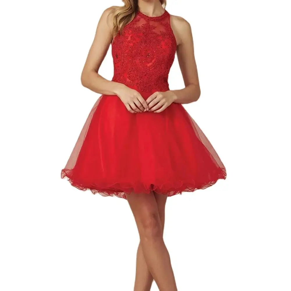 Bealegantom High Neck Short Homecoming Dresses Tulle Appliques A-line Mini Graudation Cocktail Prom Party Gown QA241