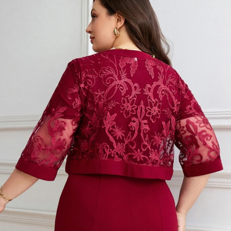 Plus Size Ladies Dress O Neck Short Sleeve Dress Evening Party Summer Dresses For Wedding Guest Lace Embroidery Elegant Dress