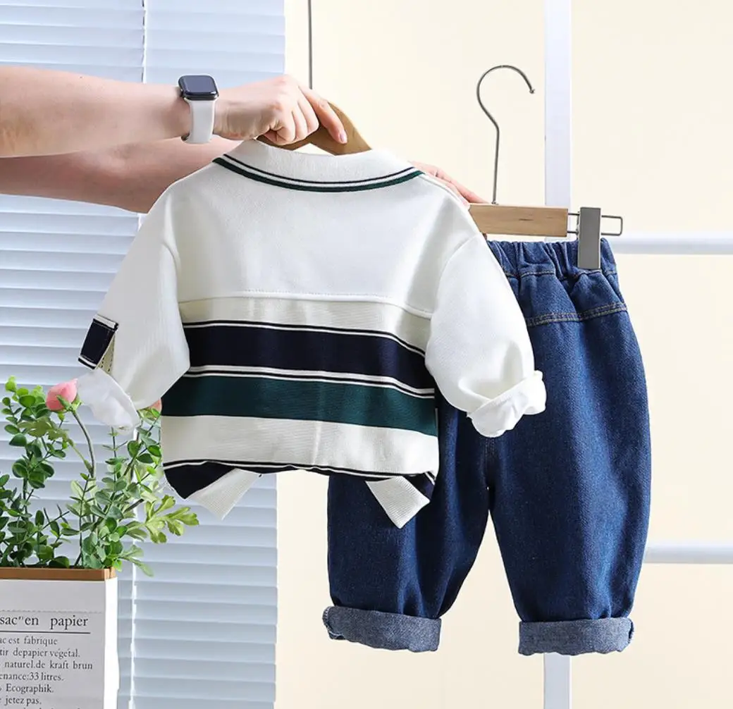 2024 Autumn Baby Outfits For Kids 6 To 12 Months Striped Pocket Pullover Long Sleeve T-shirts+Pants Children Boys Clothing Suit