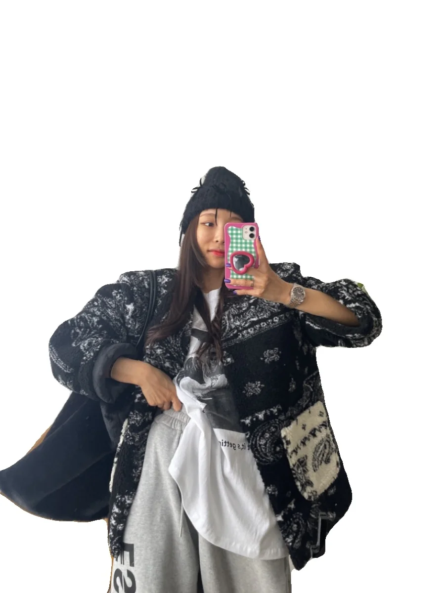 Women's Loose Fit Lamb Fur Jaet with Big kets Thiened Cotton Warm Autumn Winter Outerwear V-Ne Commute Sle