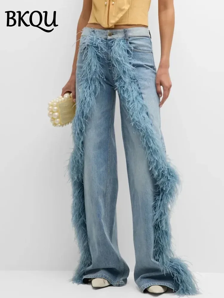 BKQU Feather Spliced Washed Jeans Women Baggy Wide Leg Denim Pants Y2K High Waist Fashion Streetwear 2025 Straight Jean Trousers