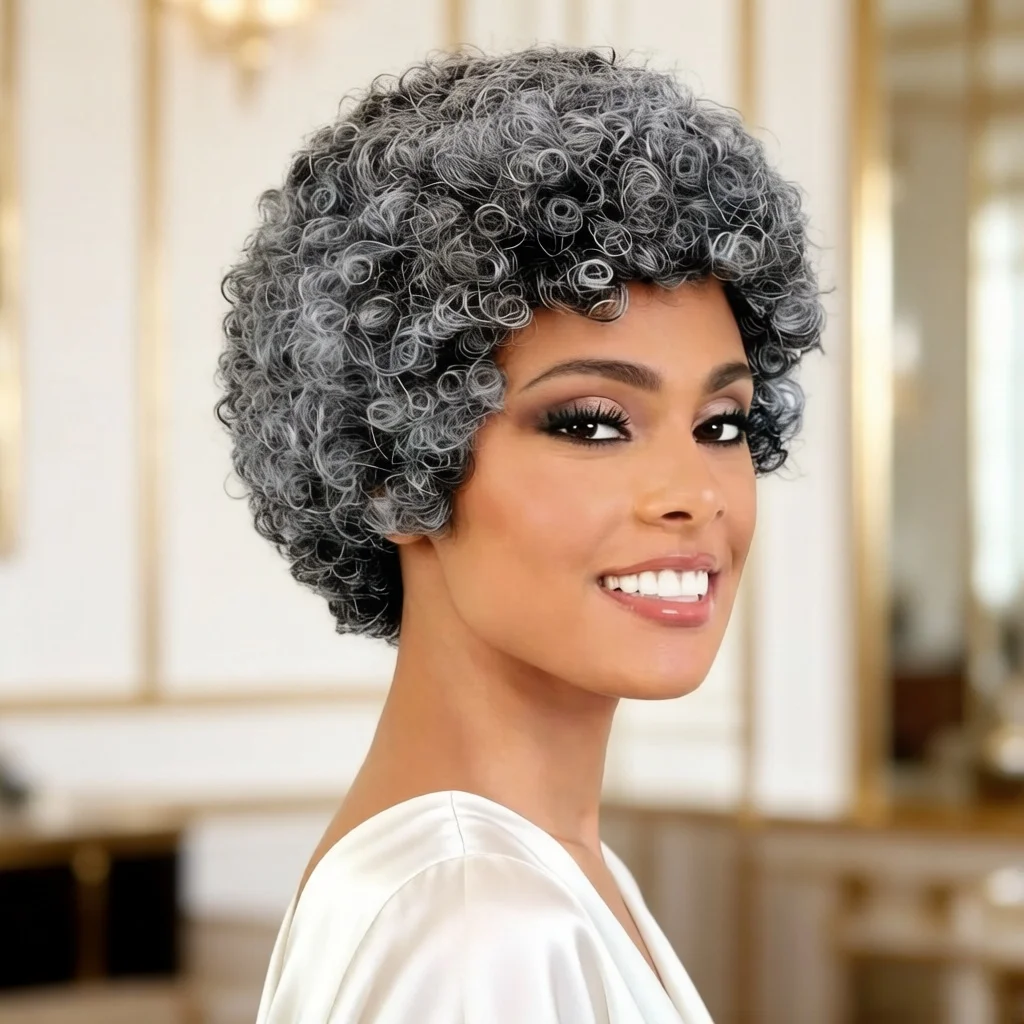 

Серый парик из натуральных волос для женщин, короткий, кудрявый, с челкой, для повседневного использования (для мам/бабушек), 6 дюймов, объемные кудрявые парики, полностью машинной работы