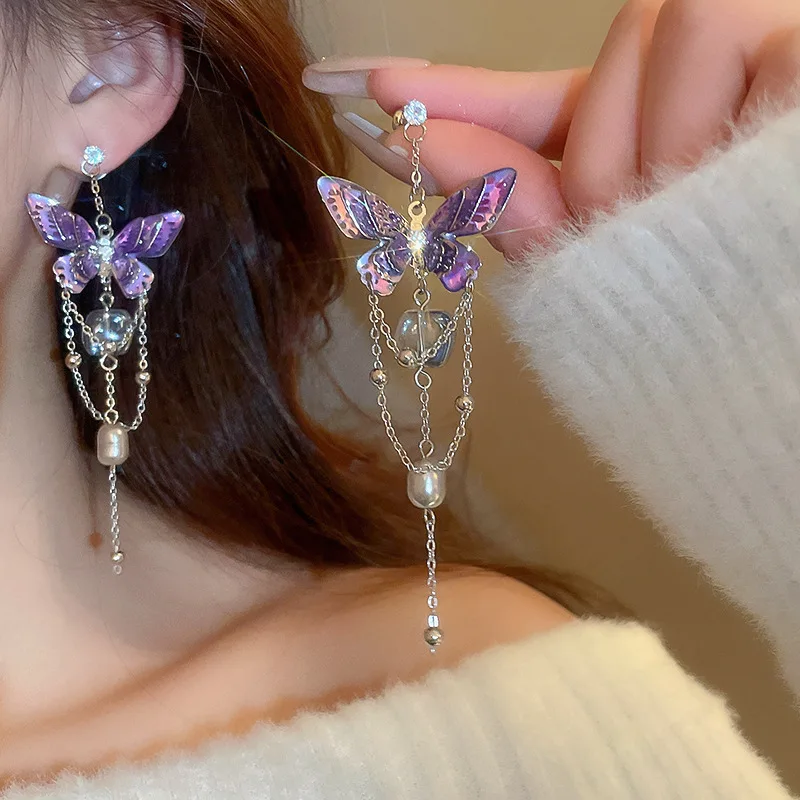 Purple Butterfly Earrings for Women Sweet Long Fringe Zircon Crystal Pearl Frop Earrings Gentle Temperament Girl Accessories