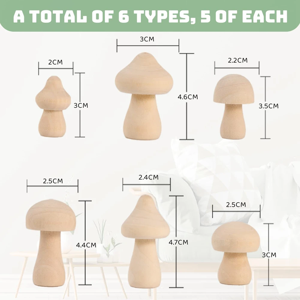 30 stuks onafgewerkte houten paddenstoelen, 6 maten natuurlijke houten paddenstoelen voor kunst- en ambachtsprojecten, decoratie