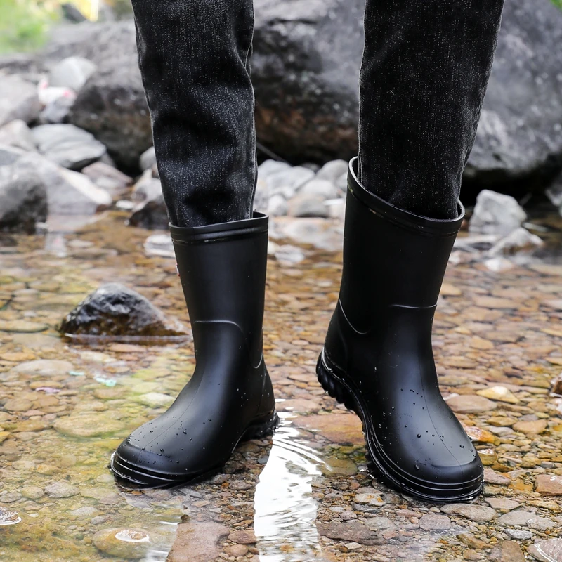 Waterproof Men's Mid-Calf Rain Boots Anti-Slip Thick Bottom Wear-Resistant Smell-Proof Slip-Resistant Plastic Shoes for Deliv...