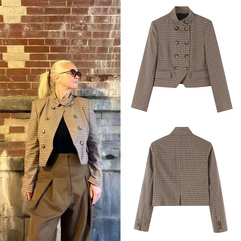 Guobioziy 2026 Spring&Autumn Unique Design Jacket Women Double Row Buttons Plaid Short Coat Retro Fashion Streetwear Trendy