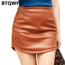 BTQWFD-faldas cortas de cuero PU para mujer, ropa femenina ajustada, a la moda, lisa, elástica, Sexy, para fiesta, 2024