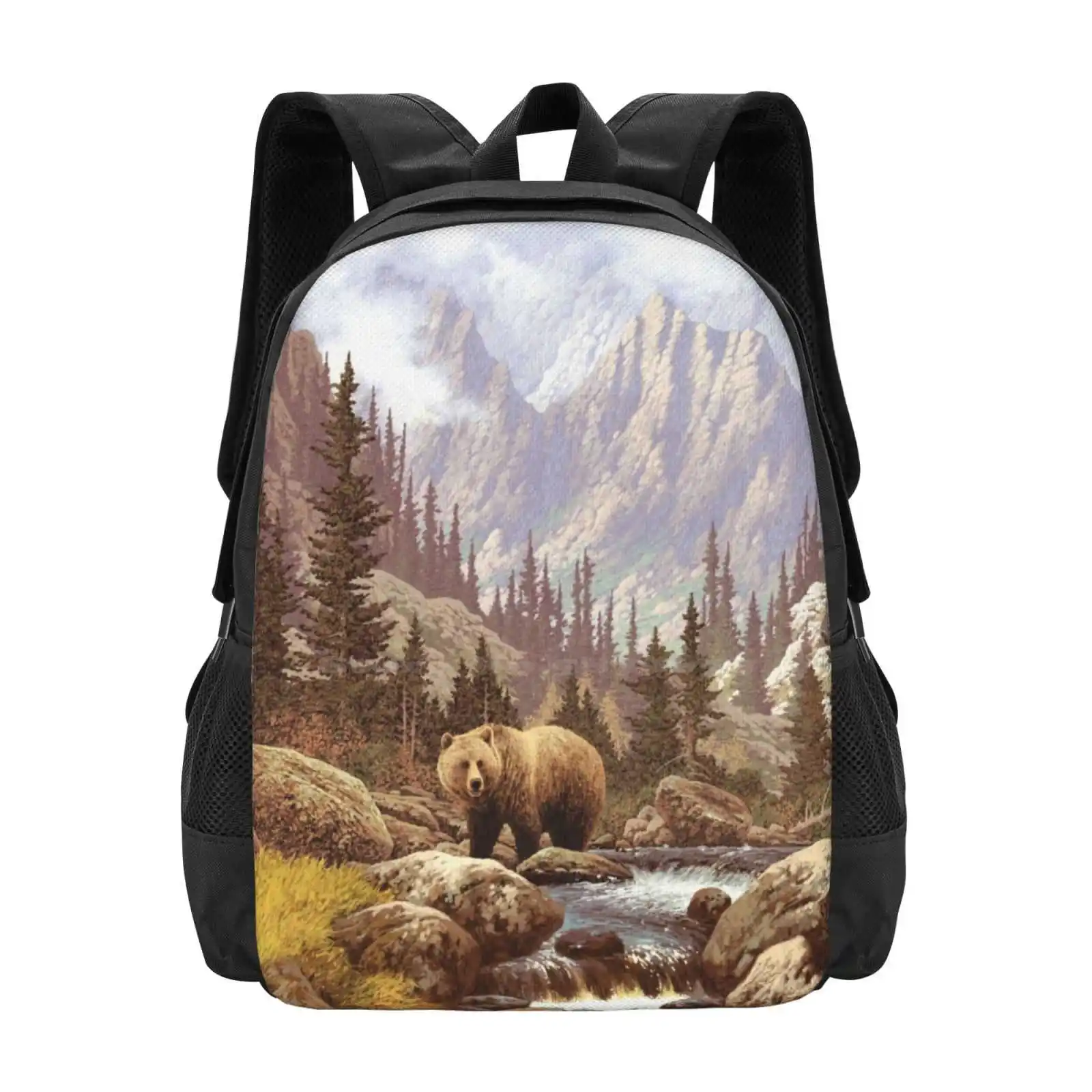 Grizzly Bear Landscape Bag Backpack For Men Women Girls Teenage Animal Bear Brook Forest Grizzly Landscape Montana Pine Trees