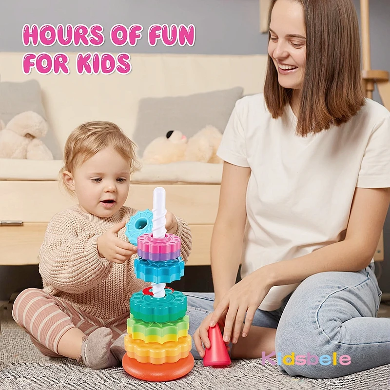 Baby Spinning Stacking Sensory Toys Colorful Rainbow Tower Montessori Fine Motor Skills Ring Toy Party Birthday Gift For Infants