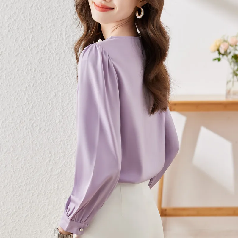 NAVIU Light Purple Satin Shirt Women Long Sleeve Spring Autumn New Design High End Temperament Blouses Office Ladies Work Tops