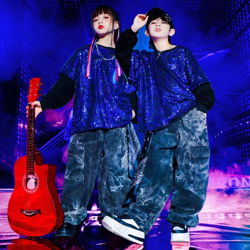 

Костюмы для джазовых танцев с блестками для девочек, модные детские костюмы для уличных танцев, крутой и красивый комплект сценических костюмов для подиума в стиле хип-хоп