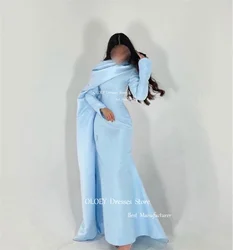 OLOEY Simple Light Blue Mermaid Saudi Arabic Women Prom Dresses With Shawl Long Sleeves O-Neck Satin Modest Evening Gowns