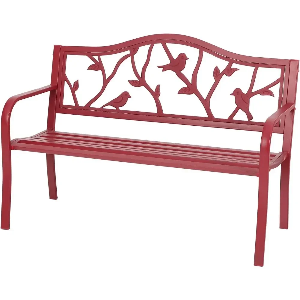 Outdoor Patio Metal Park Bench with Backrest and Armrests, Red Steel Frame, Outside Benches, Porch, Garden, Free Shipping