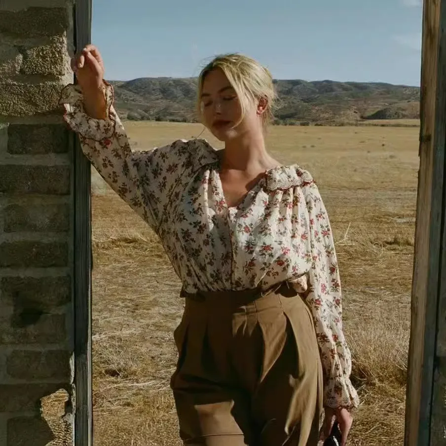 

Long Sve Вышитый irt Женский Country Sle Большой воротник Ручной крючок Кружевная отделка Ретро Sle Bubble Sve Linen Blend irt