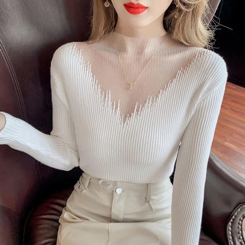 Mesh Stitching Knitted Bottoming Shirt Women Take The 2024 New Semi-turtle Neck Slim Pullovers Female Long-sleeved Shirt Autumn