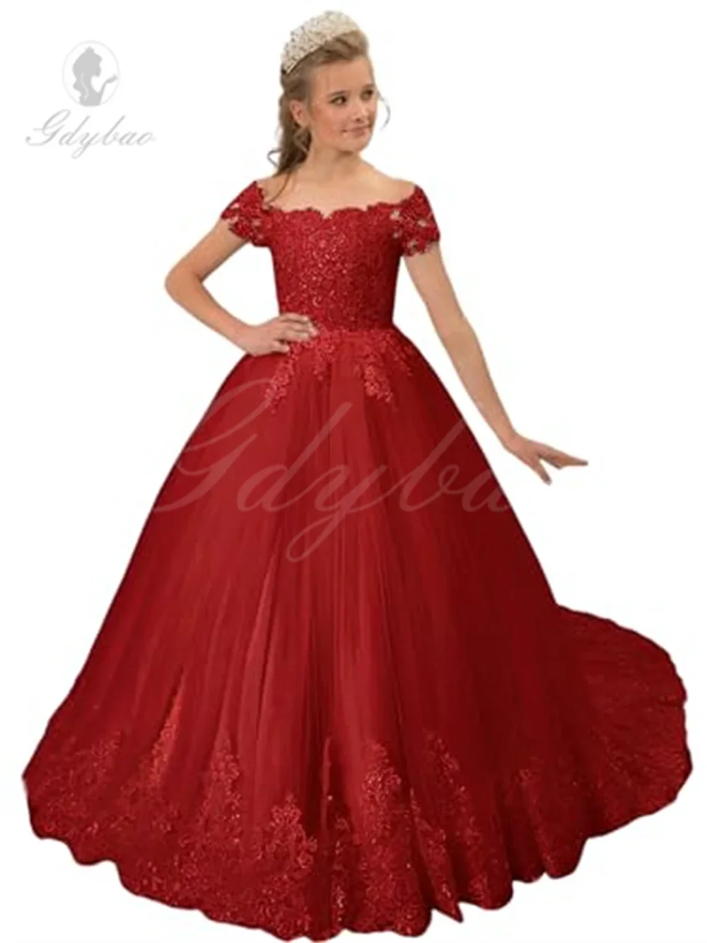 Fashionbride Meisje Off Shoulder Bloem Meisje Jurk Kant Applique Tule Verkiezing Jurk Prinses Kids Trouwfeest Baljurken