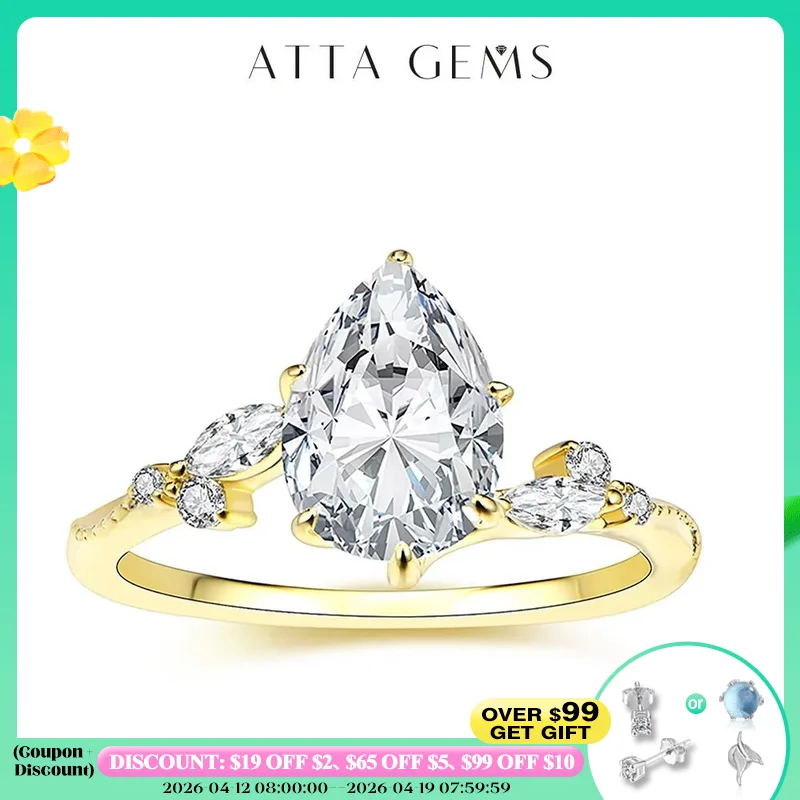 

ATTAGEMS 2CT Full Moissanite Rings DVVS1 Pear Cut Pure 10K 14K 18K Gold for Women Luxury Engagement Wedding Jewelry High Quality